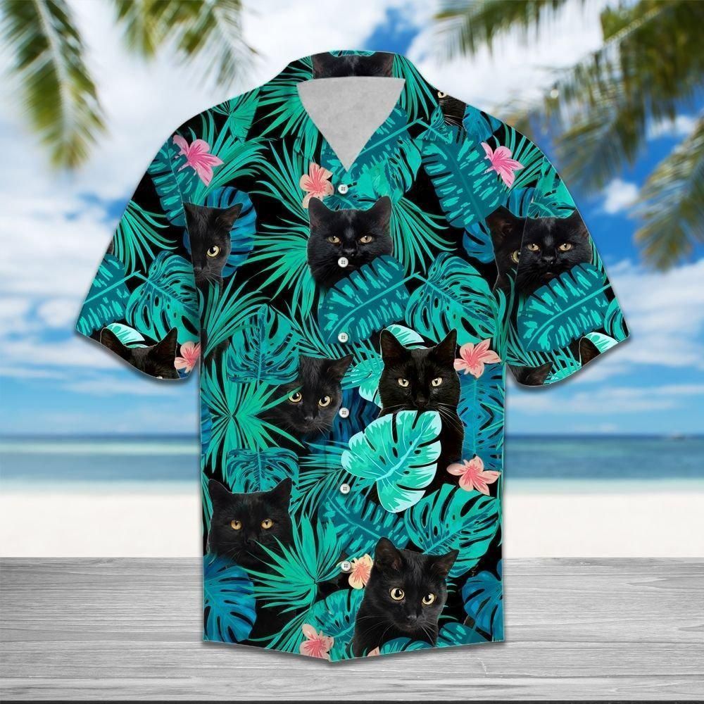 Meow Black Cat WitTropical Plant Background Hawaiian Shirts Short Sleeve