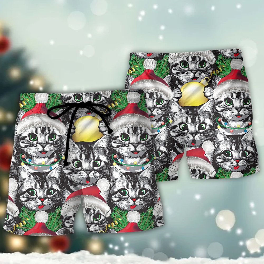 Meowy Christmas Xmas Cat Lover Trendy Aloha Hawaiian Beach Shorts