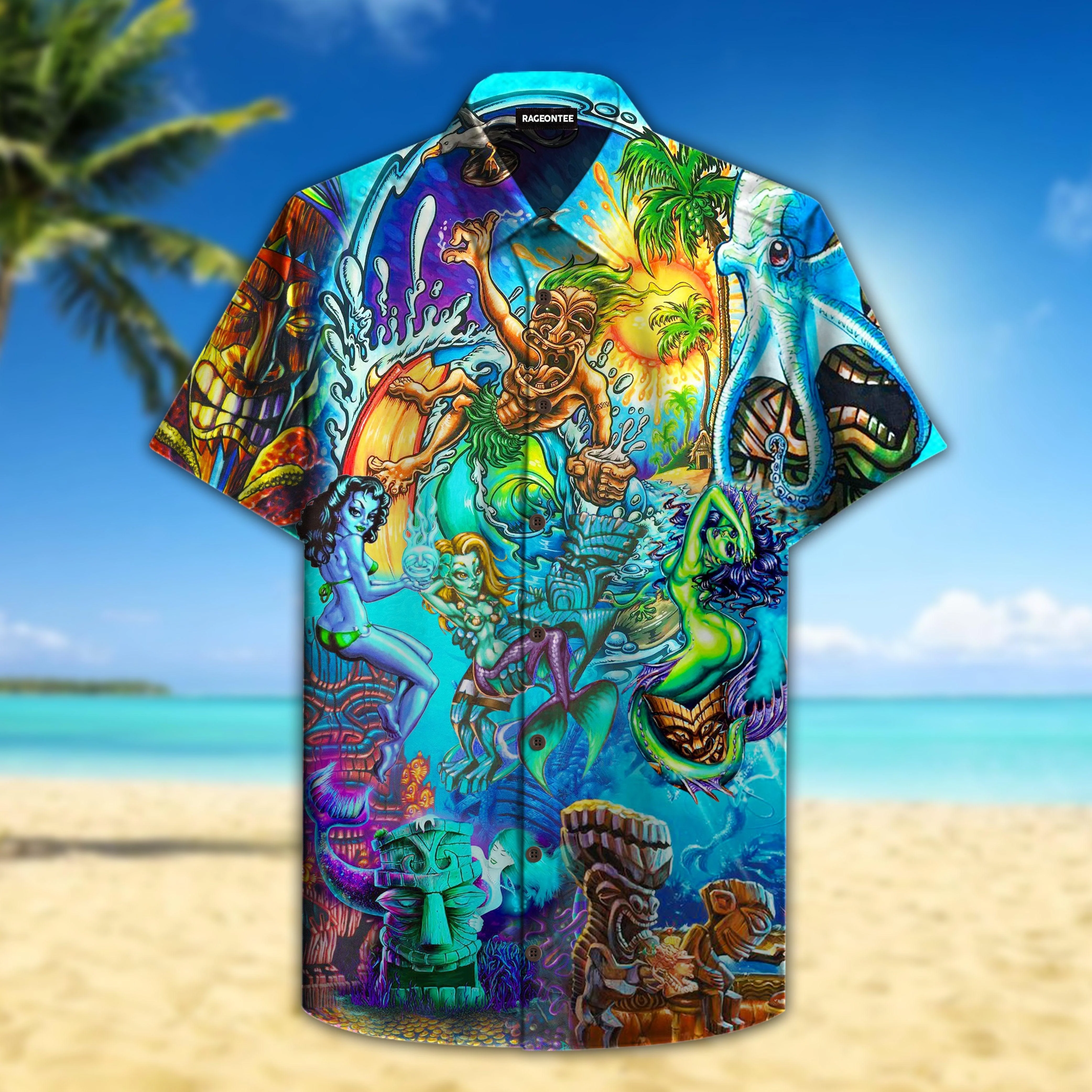 Mermaid & Tiki Island Aloha Hawaiian Shirt Design