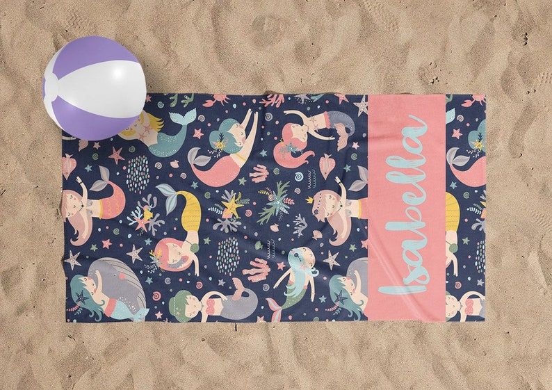Mermaid Design Kids Beach Pool Personalized Towels Birthday Vacation
