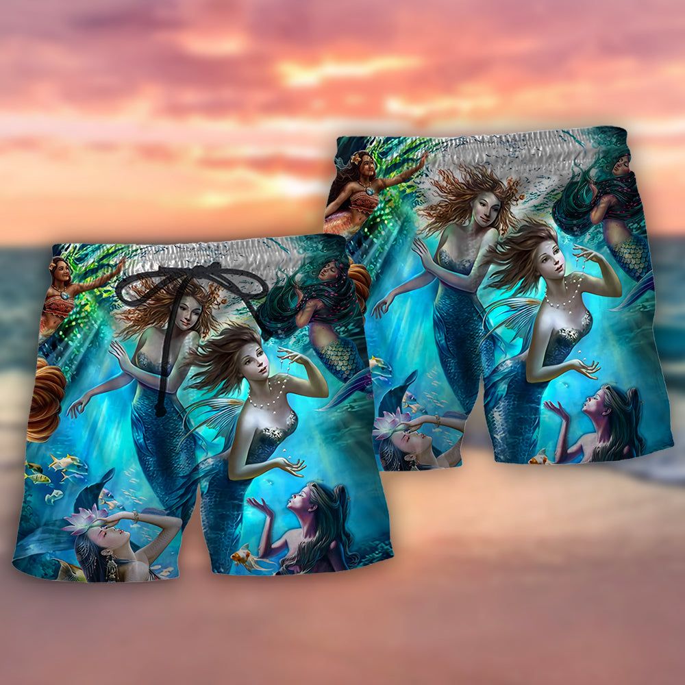 Mermaid Dolphin Blue Ocean Trendy Aloha Hawaiian Beach Shorts