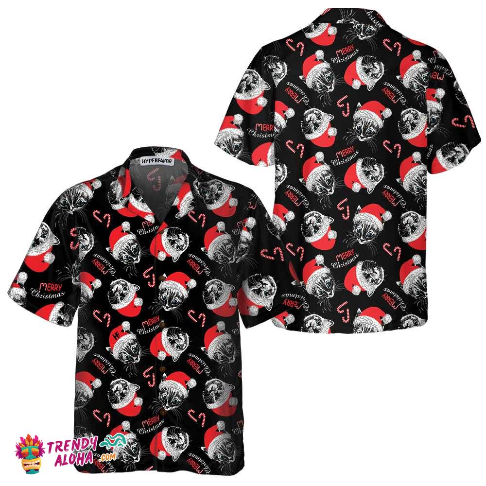 Merry Christmas Black Hawaiian Shirt, Funny Christmas Cat Shirt, Best Xmas Gift Idea