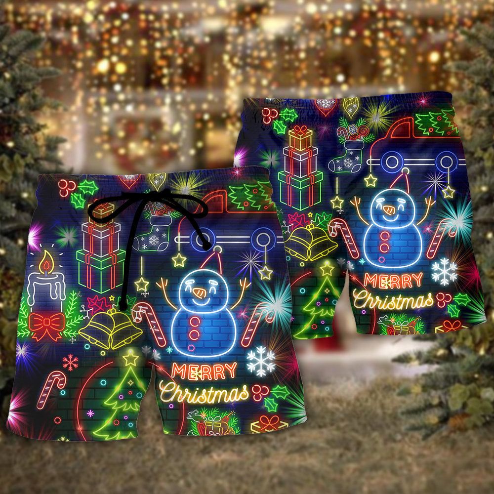 Merry Christmas Bright Neon Lighting Trendy Aloha Hawaiian Beach Shorts