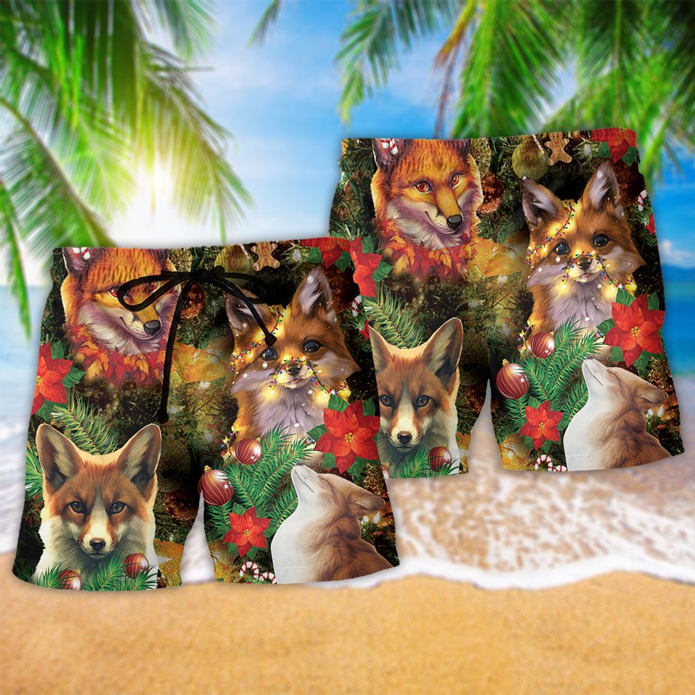 Merry Christmas Foxmas With Flower Trendy Aloha Hawaiian Beach Shorts