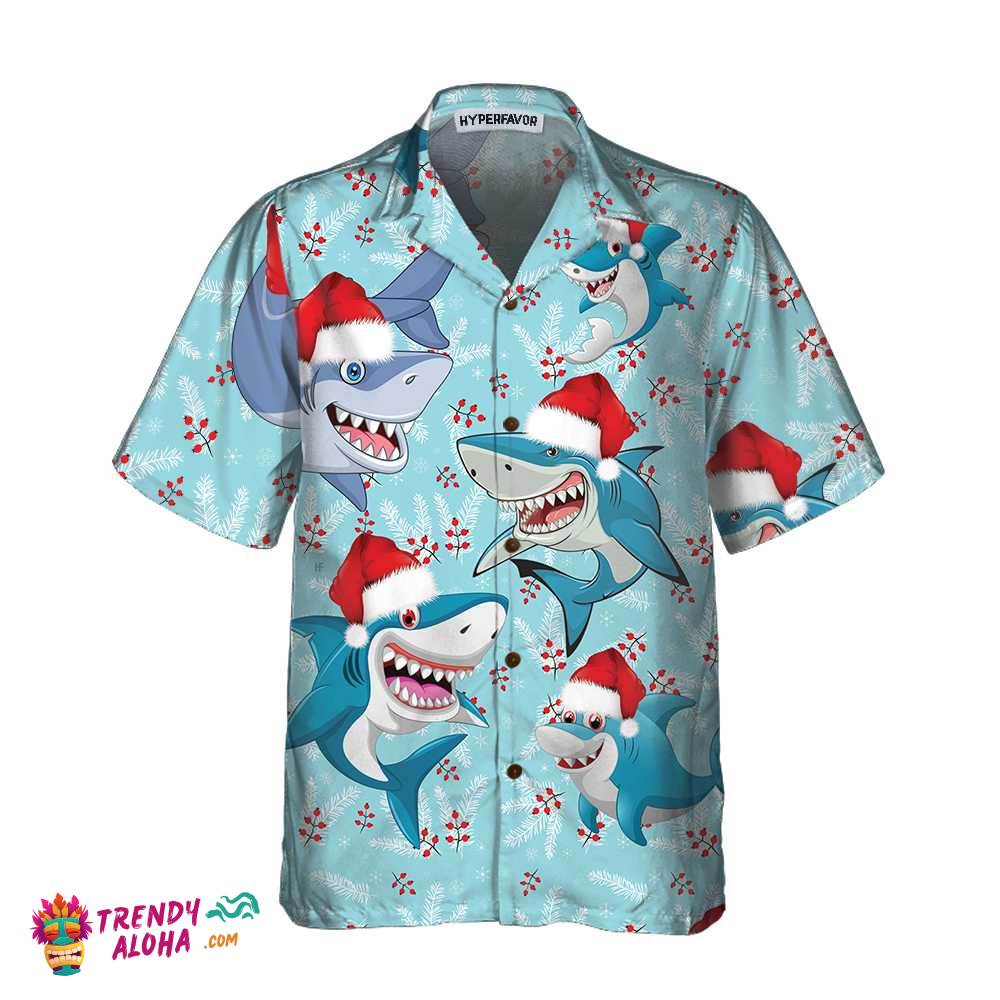 Merry Christmas Shark Santa Hat Christmas Hawaiian Shirt, Funny Shark Hawaiian Shirt For Christmas Day