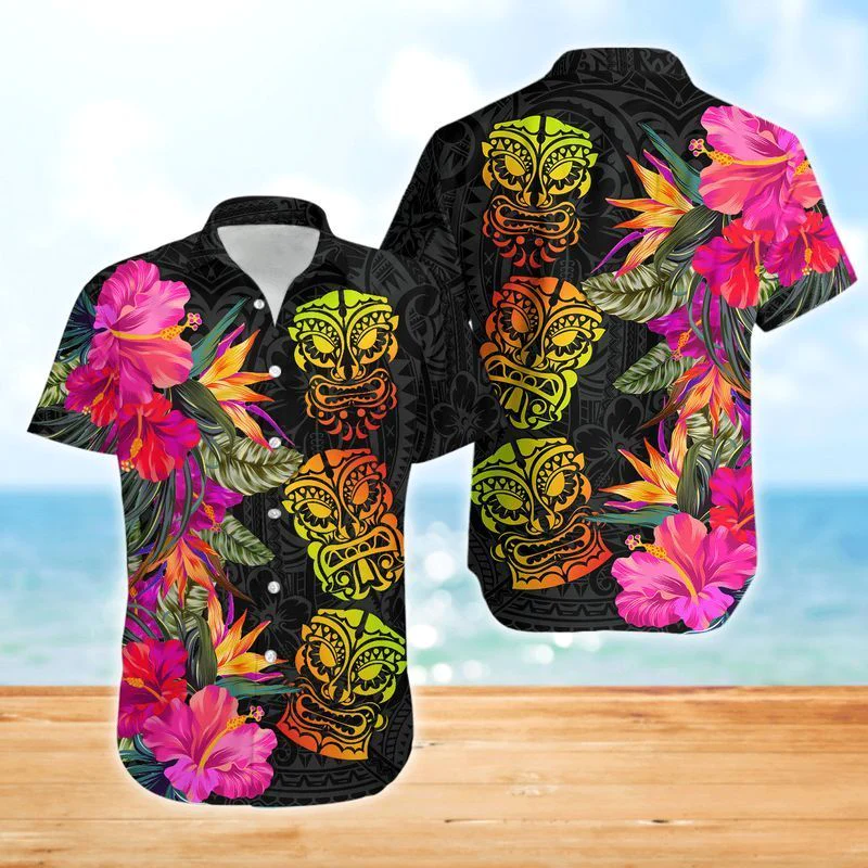 Mesmerizing Tiki Art Mingles with Colors on Hawaiian Shirt