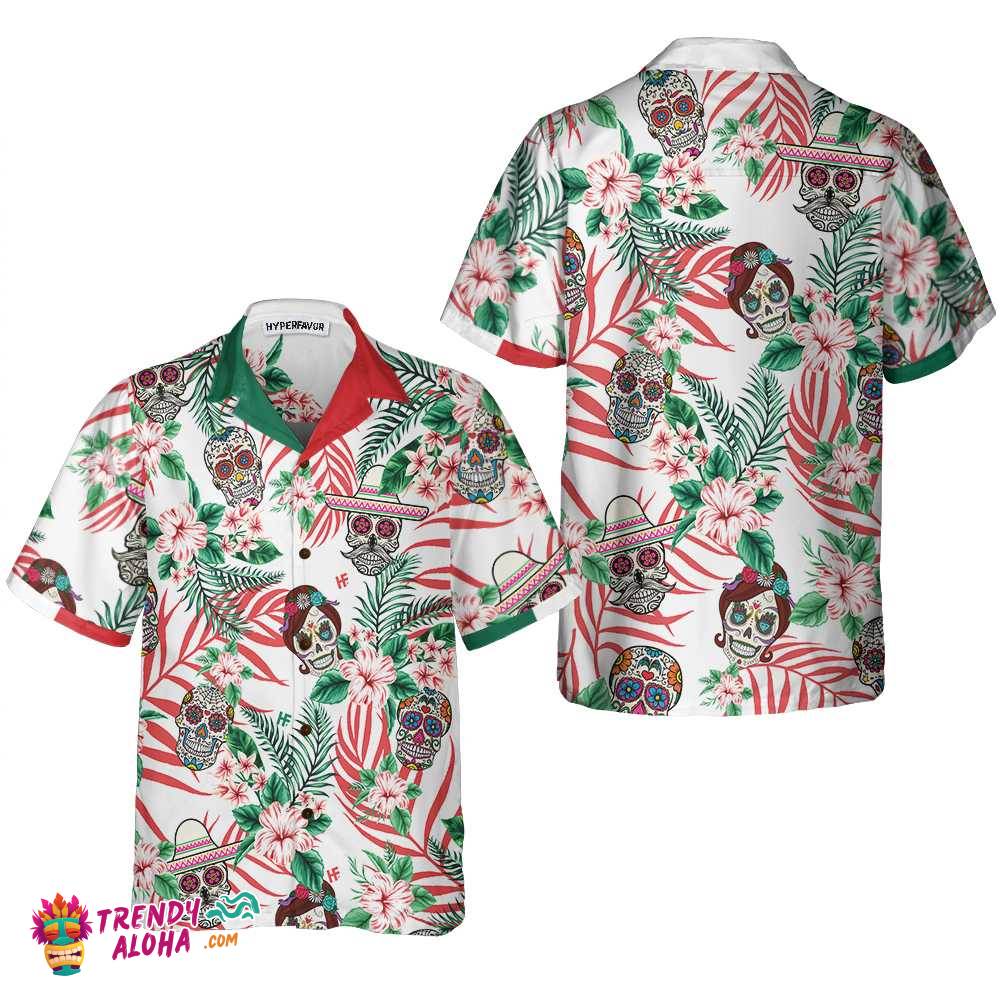 Mexico Floral Pattern Sugar Skull Hawaiian Shirt, Dia De Los Muertos Shirt,Best Day Of The Dead Gift
