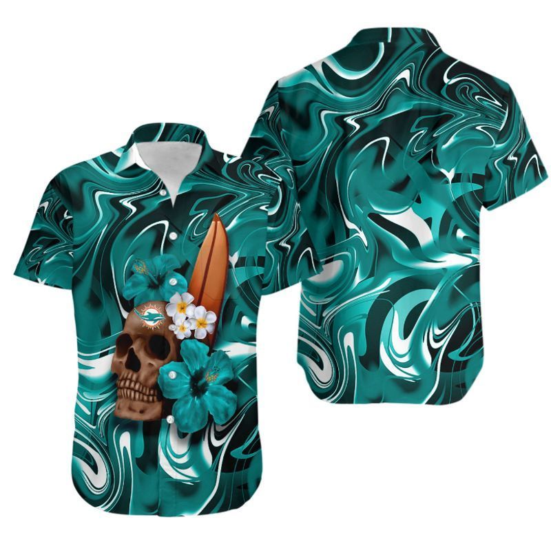 Miami Dolphins Skull and Hibiscus Flower NFL Hawaiian Shirt: Perfect Gift for Fans