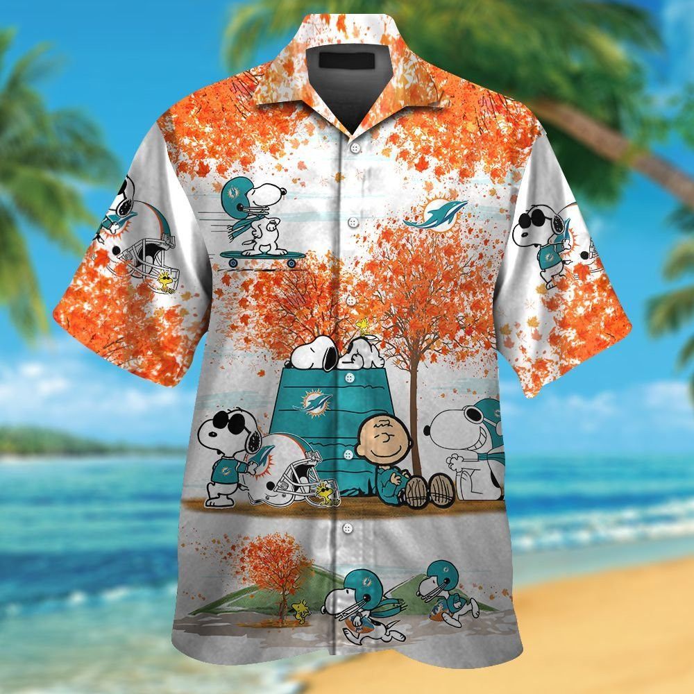 Miami Dolphins Snoopy Autumn Short Sleeve Button Up Tropical Hawaiian Shirt