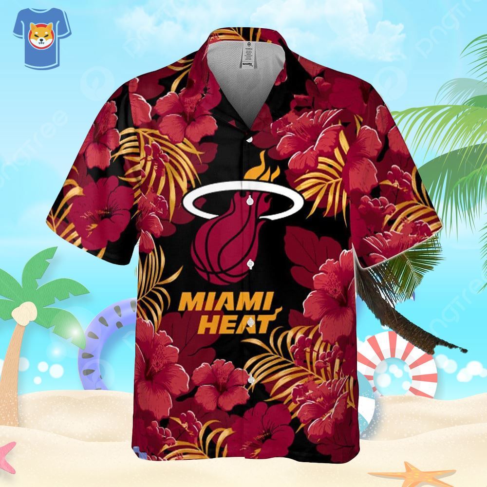 Miami Heat Hibiscus And Tree Tropical Pattern Print Hawaiian Shirt