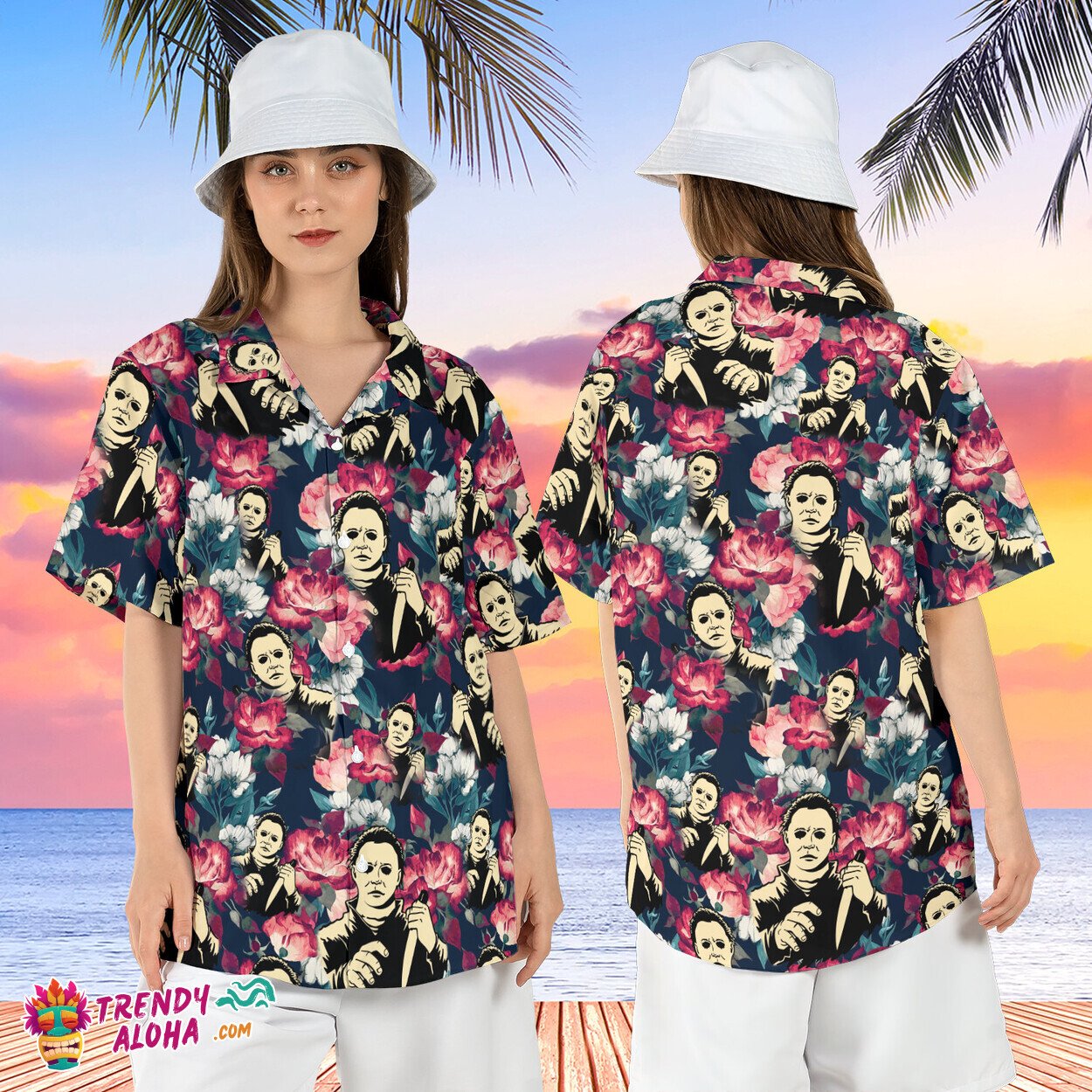 Michael Myers Floral Halloween Horror Movie Summer Aloha Tee