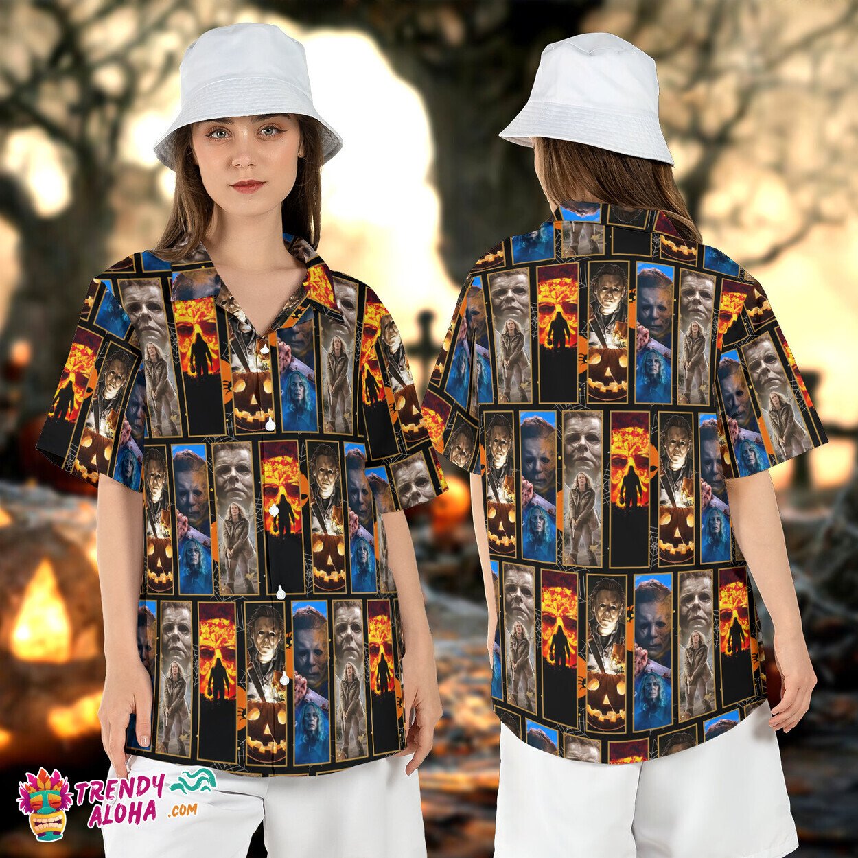 Michael Myers Laurie Halloween 1978 Horror Movie Aloha Shirt