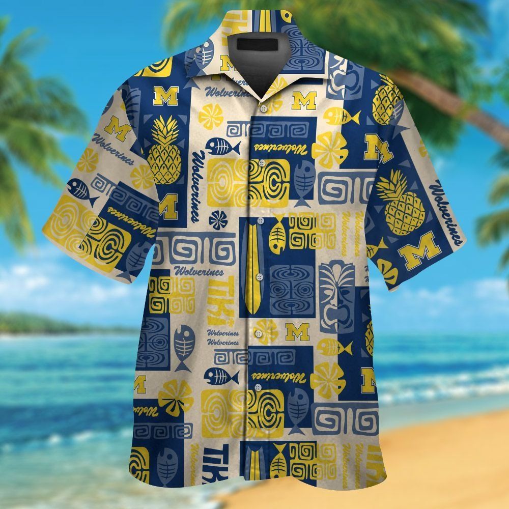 Michigan Wolverines Short Sleeve Button Up Tropical Hawaiian Shirt VER025