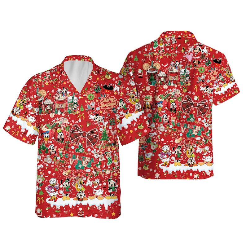Mickey Friends Coffee Christmas Disneyland Hawaiian Shirts Button Up Merry Aloha