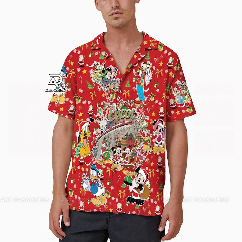 Mickey Friends Epcot Hawaiian Christmas Disney Button Up Holiday Gifts Shirt Mickey Friends Epcot Hawaiian Christmas Disney Button Up Holiday Gifts Shirt