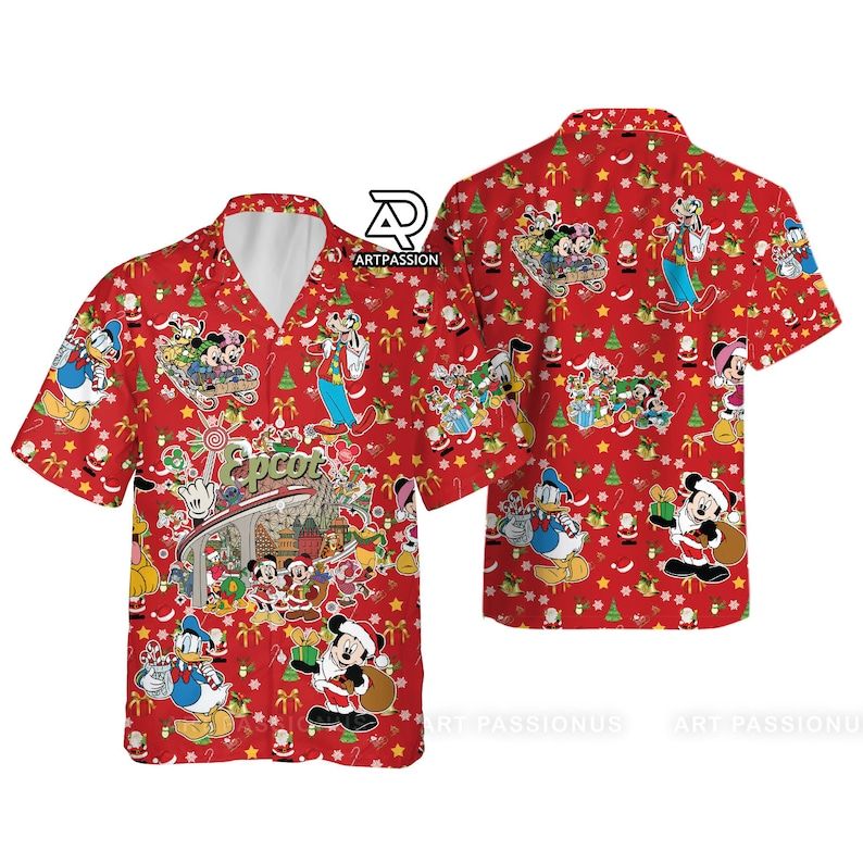 Mickey Friends Epcot Hawaiian Christmas Disney Button Up Holiday Gifts Shirt