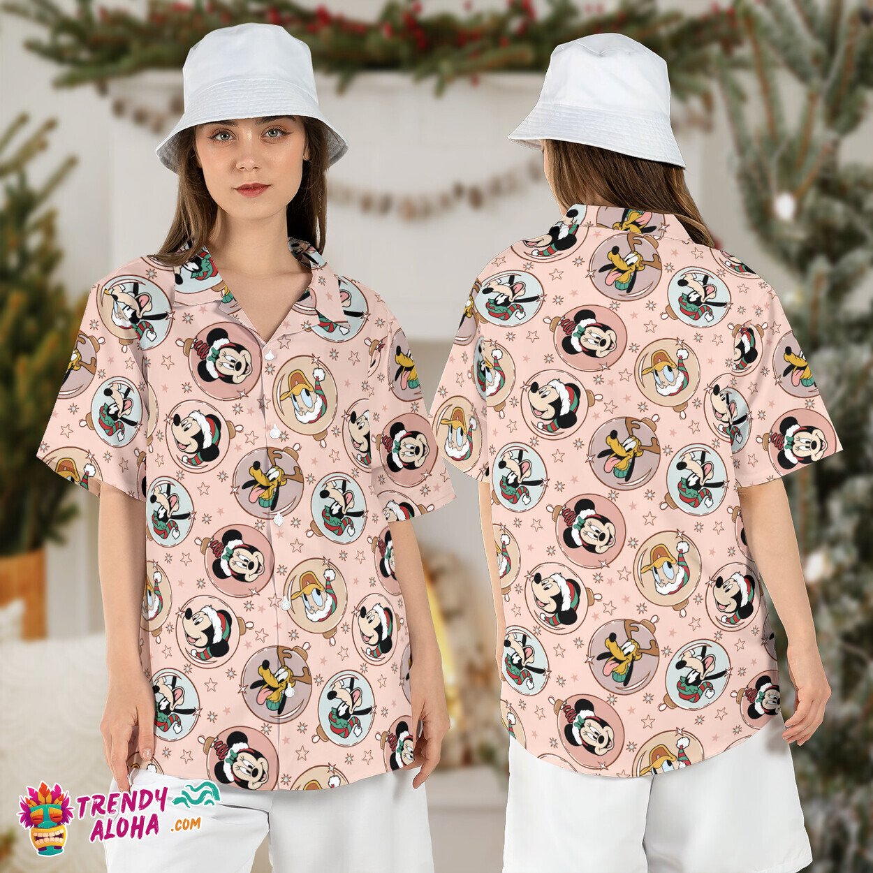 Mickey Friends Pink Christmas Party Hawaiian Aloha Disneyland Shirt