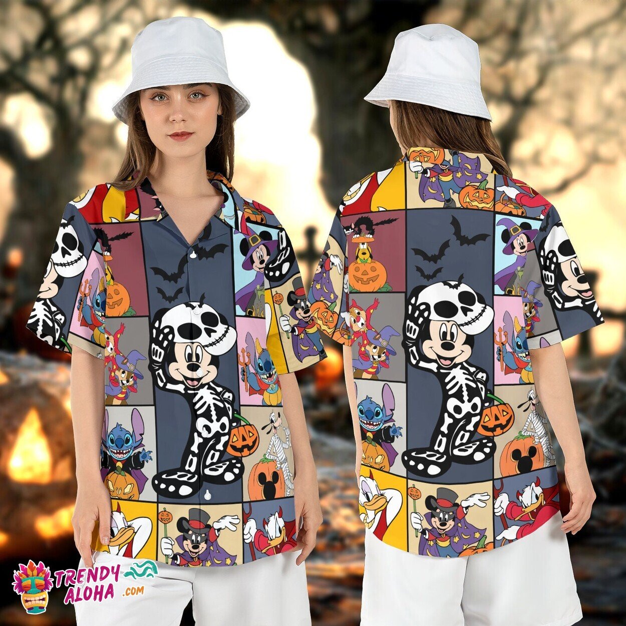 Mickey Friends Spooky Halloween Skeleton Mummy Vampire Aloha Tee