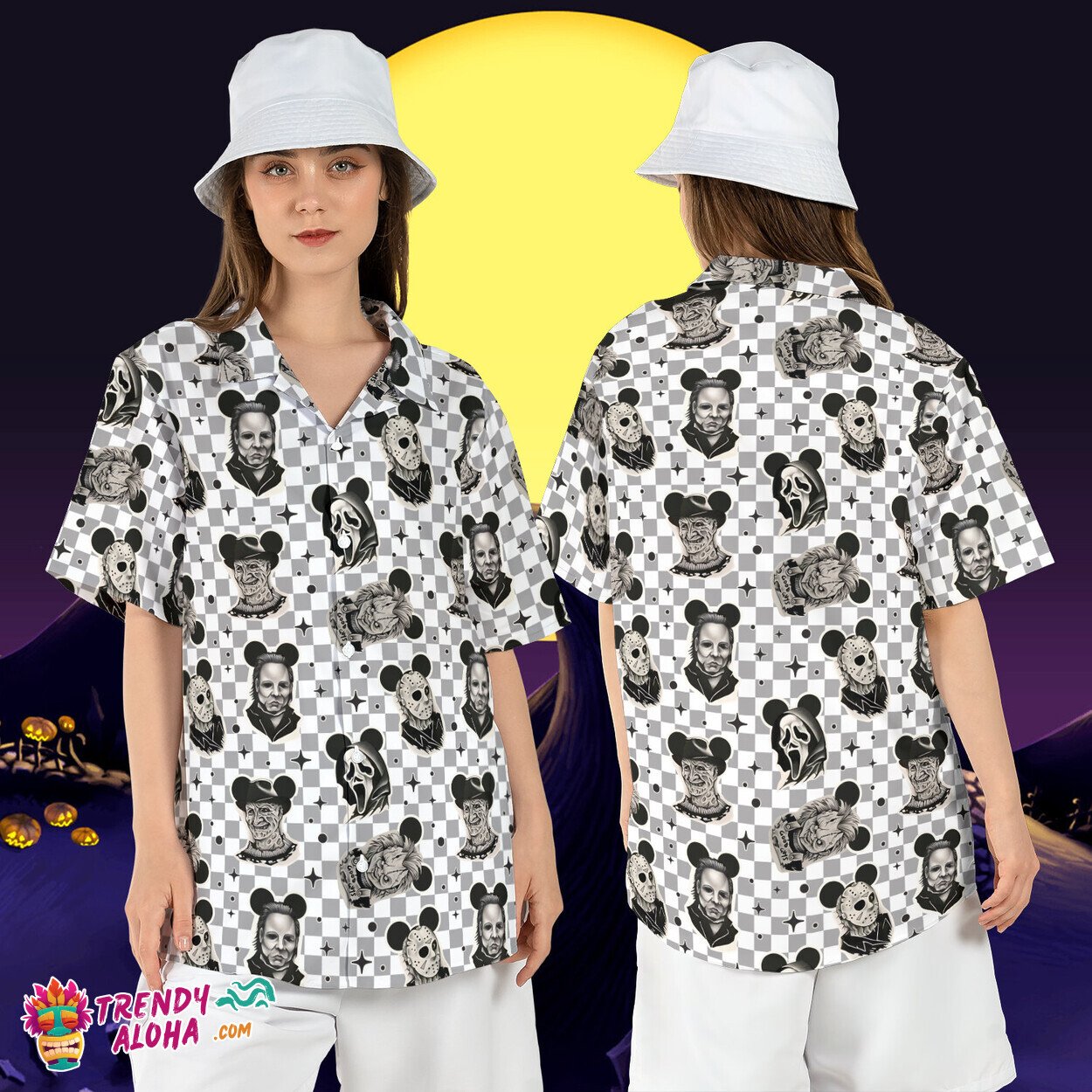 Mickey Horror Characters Halloween Movies Friends Aloha Shirt