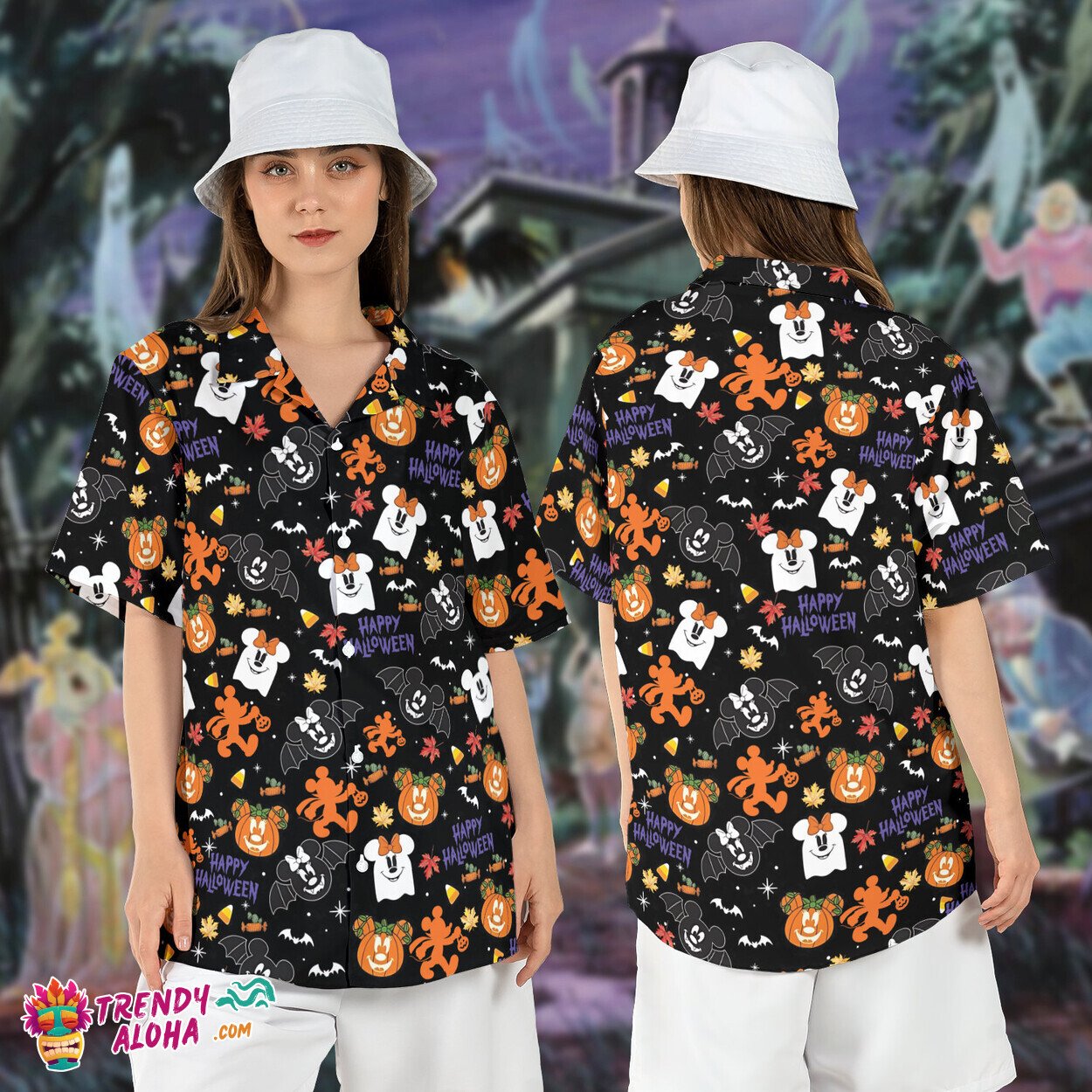 Mickey Minnie Ghost Pumpkin Spooky Halloween Aloha Shirt Top