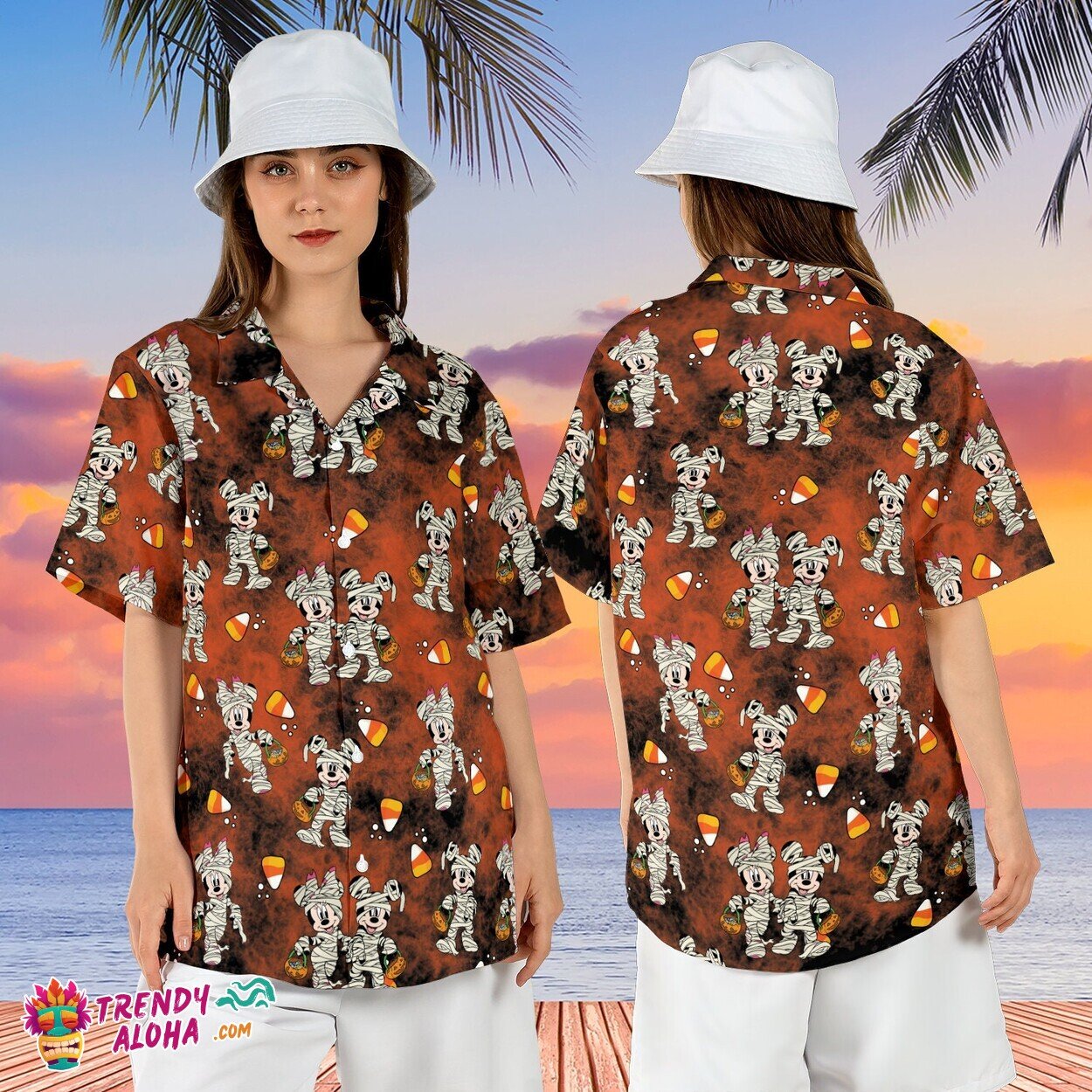 Mickey Minnie Mummy Hawaiian Halloween Spooky Beach Aloha Tee