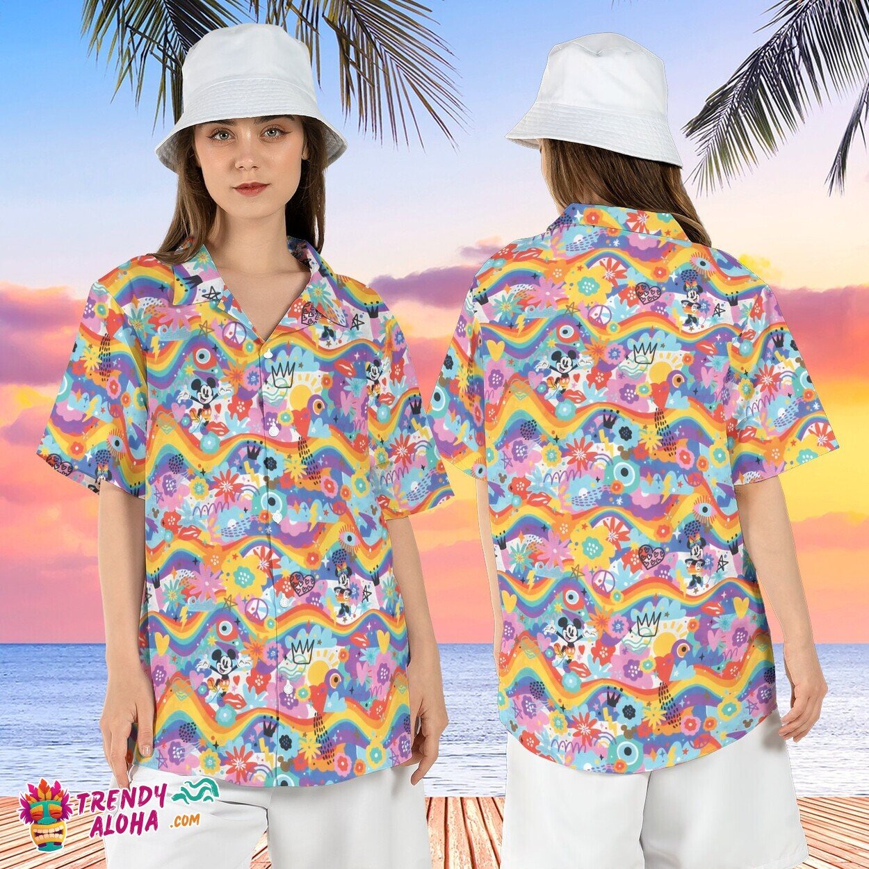 Mickey Minnie Rainbow Pride LGBTQ Hawaiian Disneyland Button Tee