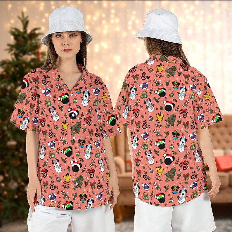 Mickey Minnie Snowman Ears Christmas Disneyland Hawaiian Shirts Holiday Tree Aloha