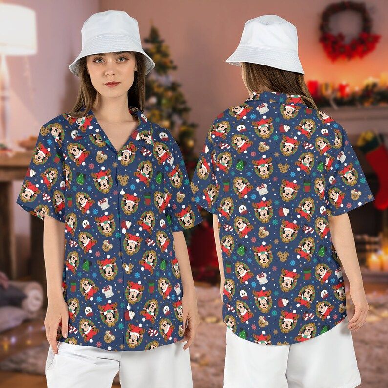 Mickey Minnie Tree Disney Christmas Hawaiian Shirts Button Xmas Holiday Aloha