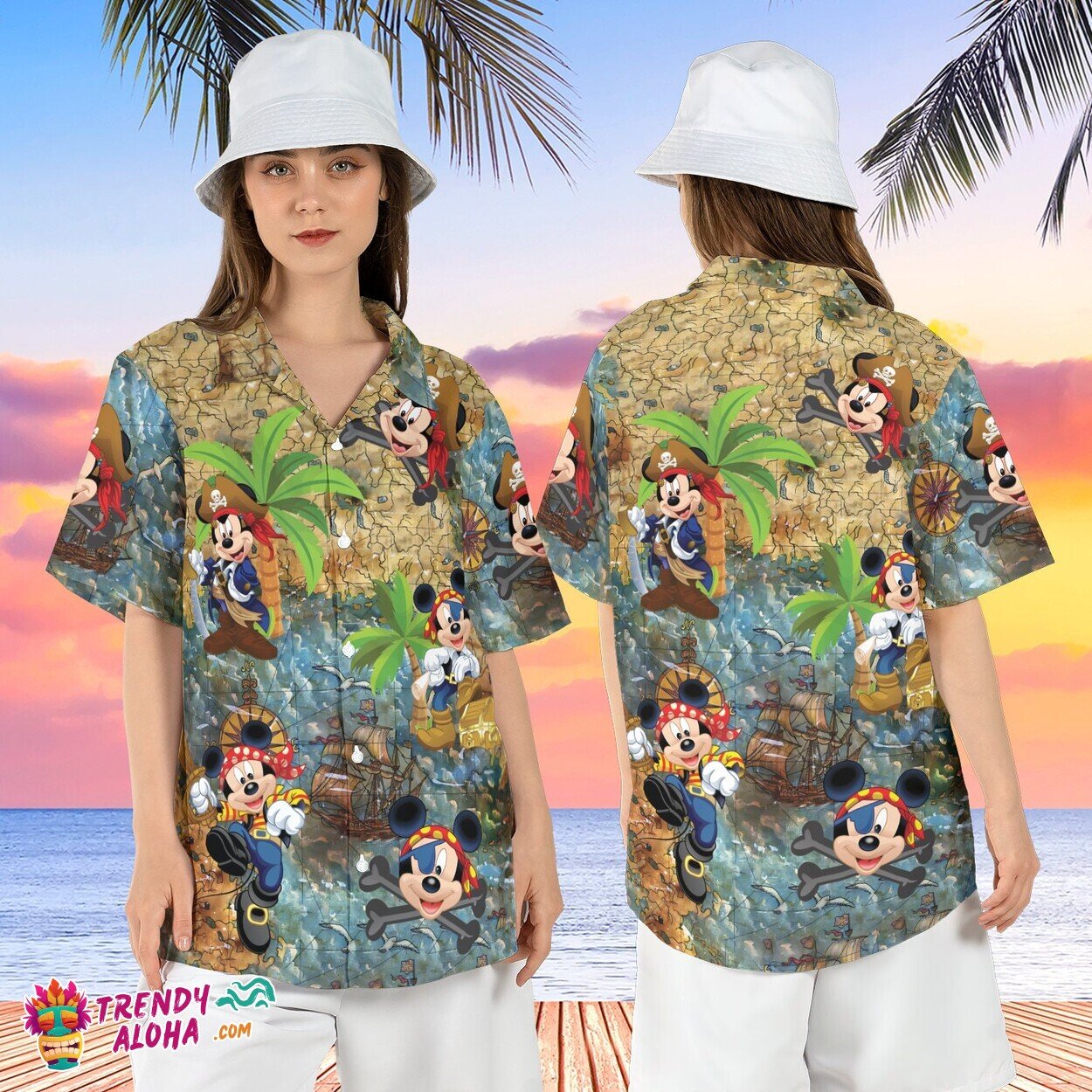 Mickey Pirate Caribbean Treasure Tropical Palm Aloha Shirt