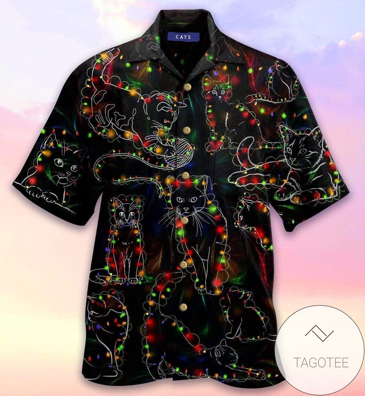 Midnight’s Enigma Luminous Black Cat Stands Out on Hawaiian Shirt