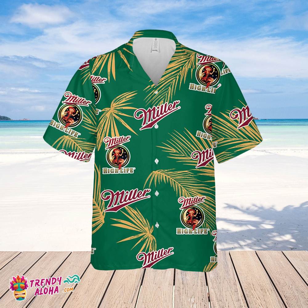 Miller High Life Hawaiian Palm Leaves Pattern Shirt, Beer Summer Party Hawaiian Shirt, Schlitz Beer Shirt