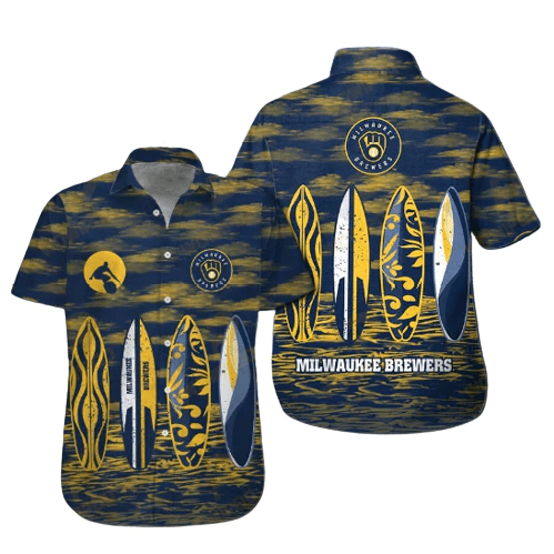 Milwaukee Brewers Hawaiian Shirt Brewers Name Surfboard Yellow Blue Hawaii Shirt Milwaukee Brewers Aloha Shirt