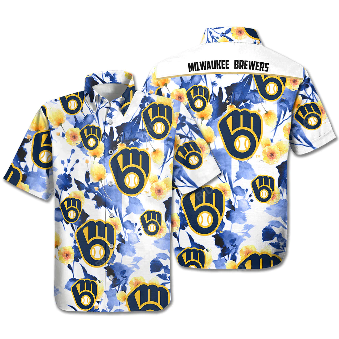 Milwaukee Brewers Hawaiian Shirt Brewers Symbol Flowers Blue White Hawaii Shirt Milwaukee Brewers Aloha Shirt