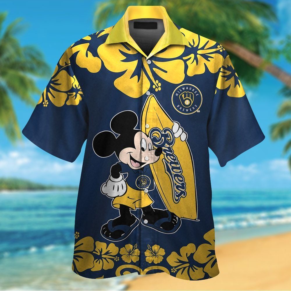 Milwaukee Brewers Mickey Mouse Short Sleeve Button Up Tropical Hawaiian Shirt Milwaukee Brewers Mickey Mouse Short Sleeve Button Up Tropical Hawaiian Shirt