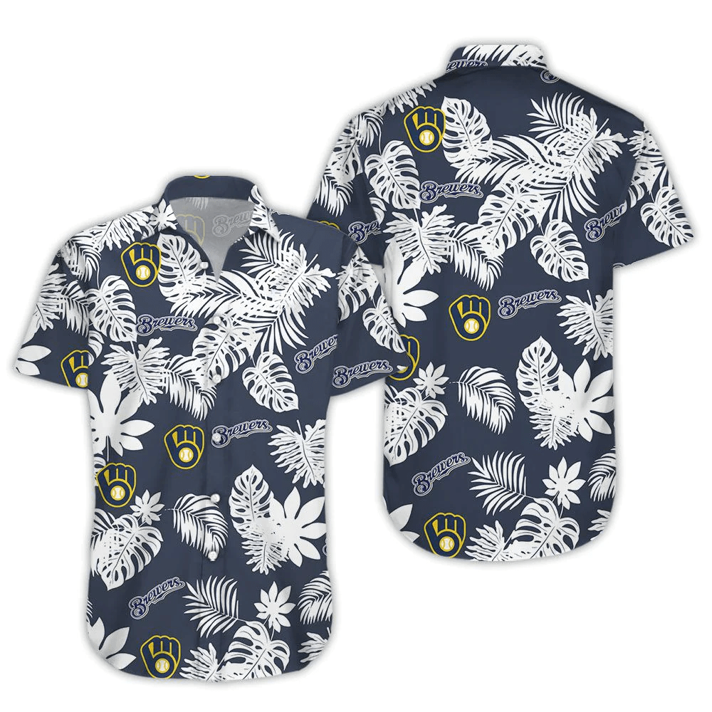 Milwaukee Brewers Trendy Hawaiian Shirt Brewers Name Tropical Palm Leaves Black Hawaii Shirt Milwaukee Brewers Aloha Shirt 2022