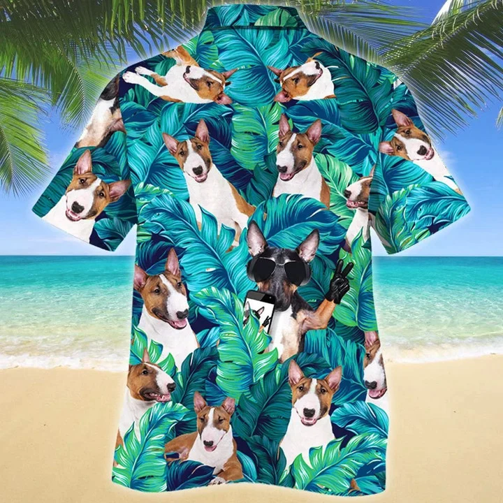 Miniature Bull Terrier Dog Summer Beach Palm Tree Trendy Hawaiian Shirt, Summer Aloha Hawaii Shirt For Men Women