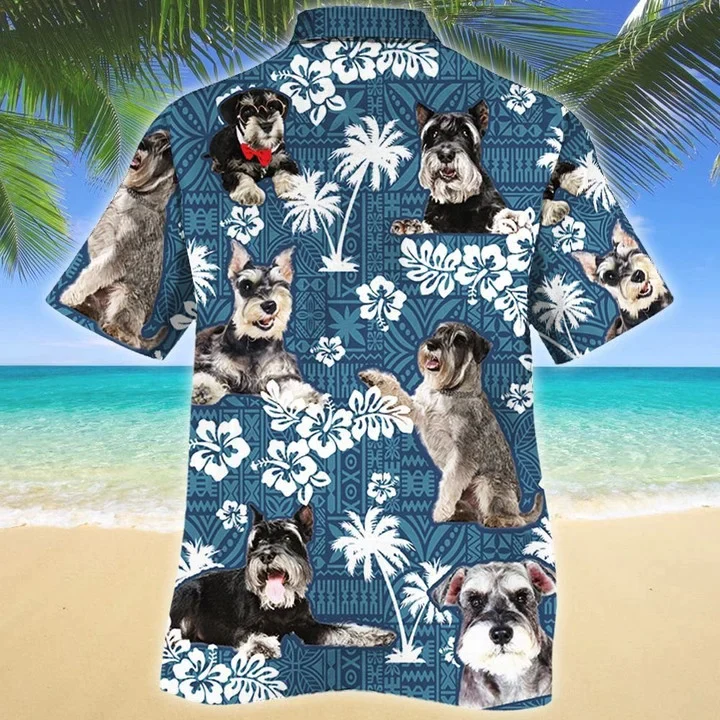 Miniature Schnauzer Different Poses Dog Lovers Blue Tribal Pattern Trendy Hawaiian Shirt