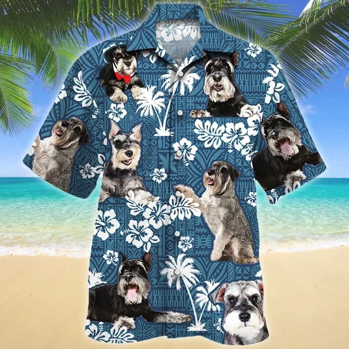 Miniature Schnauzer Different Poses Dog Lovers Blue Tribal Pattern Trendy Hawaiian Shirt Miniature Schnauzer Different Poses Dog Lovers Blue Tribal Pattern Trendy Hawaiian Shirt