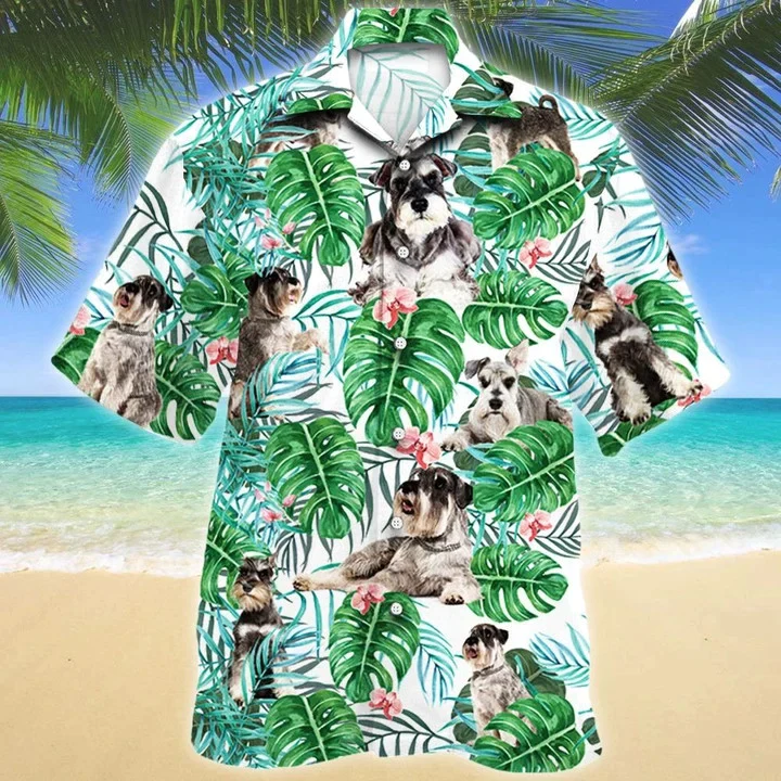Miniature Schnauzer Dog Tropical Plant Montera Leaves Pattern Trendy Hawaiian Shirt Miniature Schnauzer Dog Tropical Plant Montera Leaves Pattern Trendy Hawaiian Shirt
