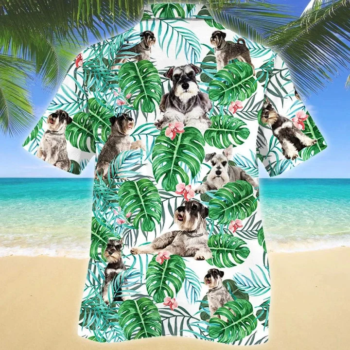 Miniature Schnauzer Dog Tropical Plant Montera Leaves Pattern Trendy Hawaiian Shirt
