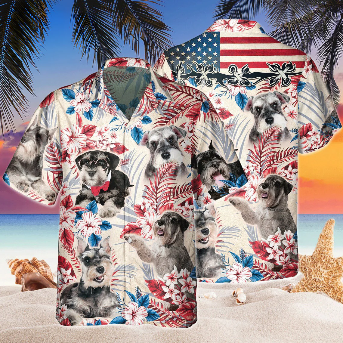 Miniature Schnauzer Dog United States Flag Hawaiian Flowers All Over Printed 3D Hawaiian Shirt Miniature Schnauzer Dog United States Flag Hawaiian Flowers All Over Printed 3D Hawaiian Shirt