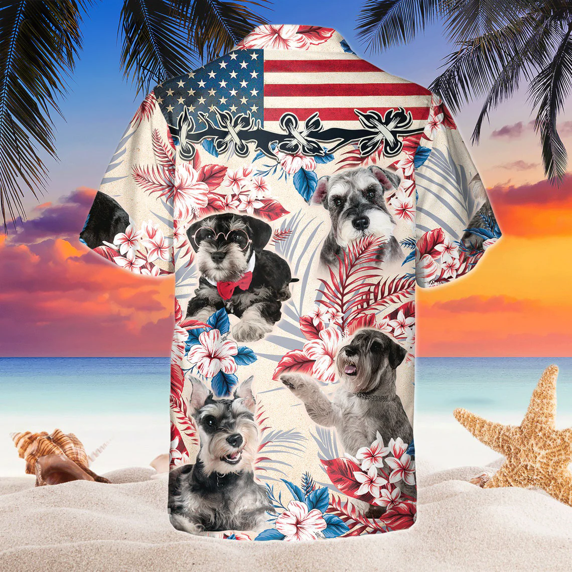 Miniature Schnauzer Dog United States Flag Hawaiian Flowers All Over Printed 3D Hawaiian Shirt
