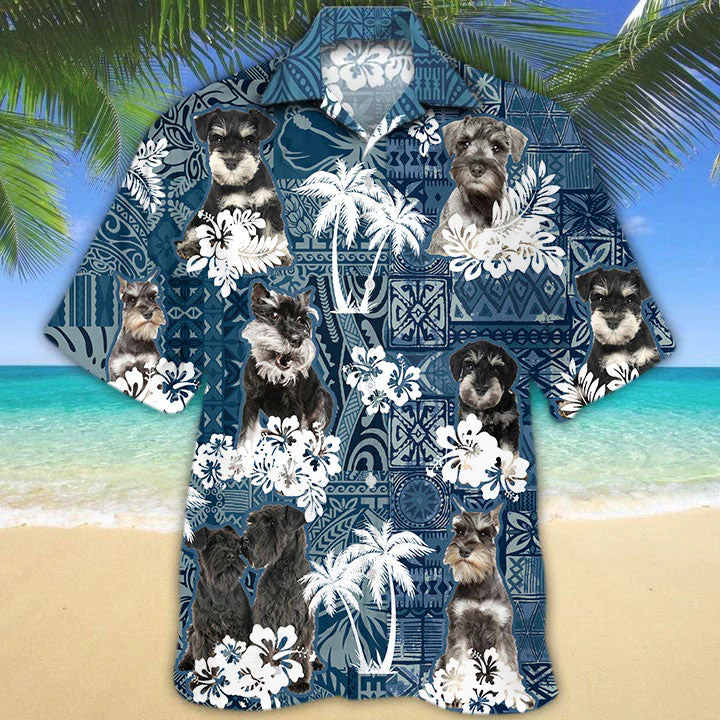 Miniature Schnauzer Hawaiian Tropical Plants Pattern Blue And White All Over Printed 3D Hawaiian Shirt