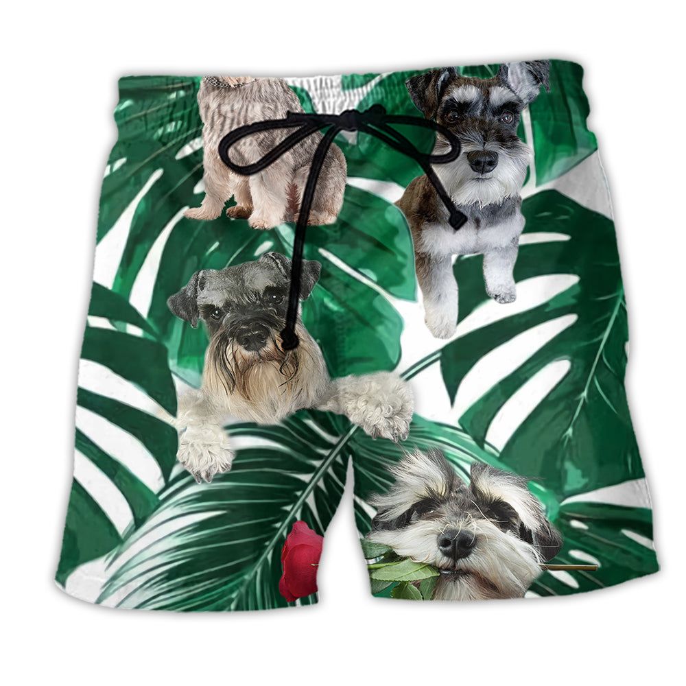 Miniature Schnauzer Tropical Leaf Green Style Trendy Aloha Hawaiian Beach Shorts Miniature Schnauzer Tropical Leaf Green Style Trendy Aloha Hawaiian Beach Shorts
