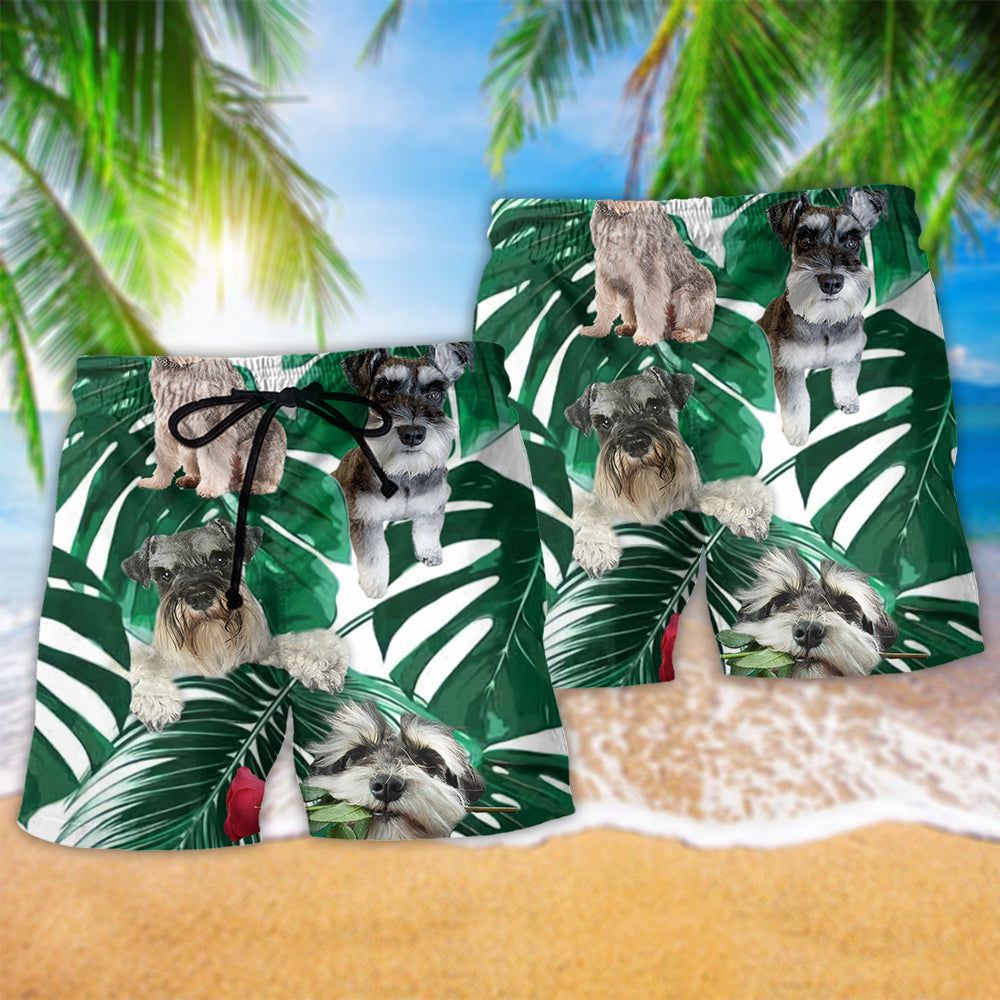 Miniature Schnauzer Tropical Leaf Green Style Trendy Aloha Hawaiian Beach Shorts
