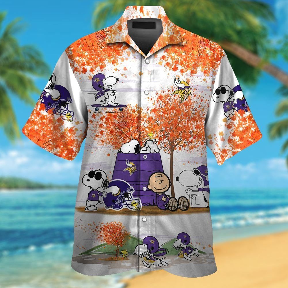 Minnesota Vikings Snoopy Autumn Short Sleeve Button Up Tropical Hawaiian Shirt