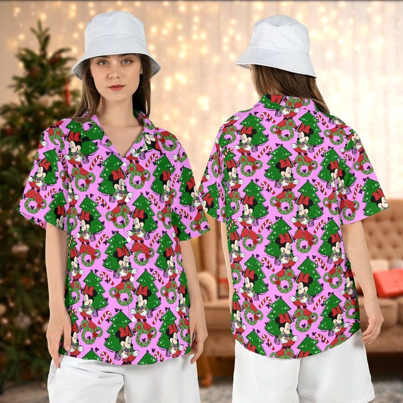Minnie Merry Christmas Hawaiian Shirts Tree Button Disneyland Xmas Santa Aloha