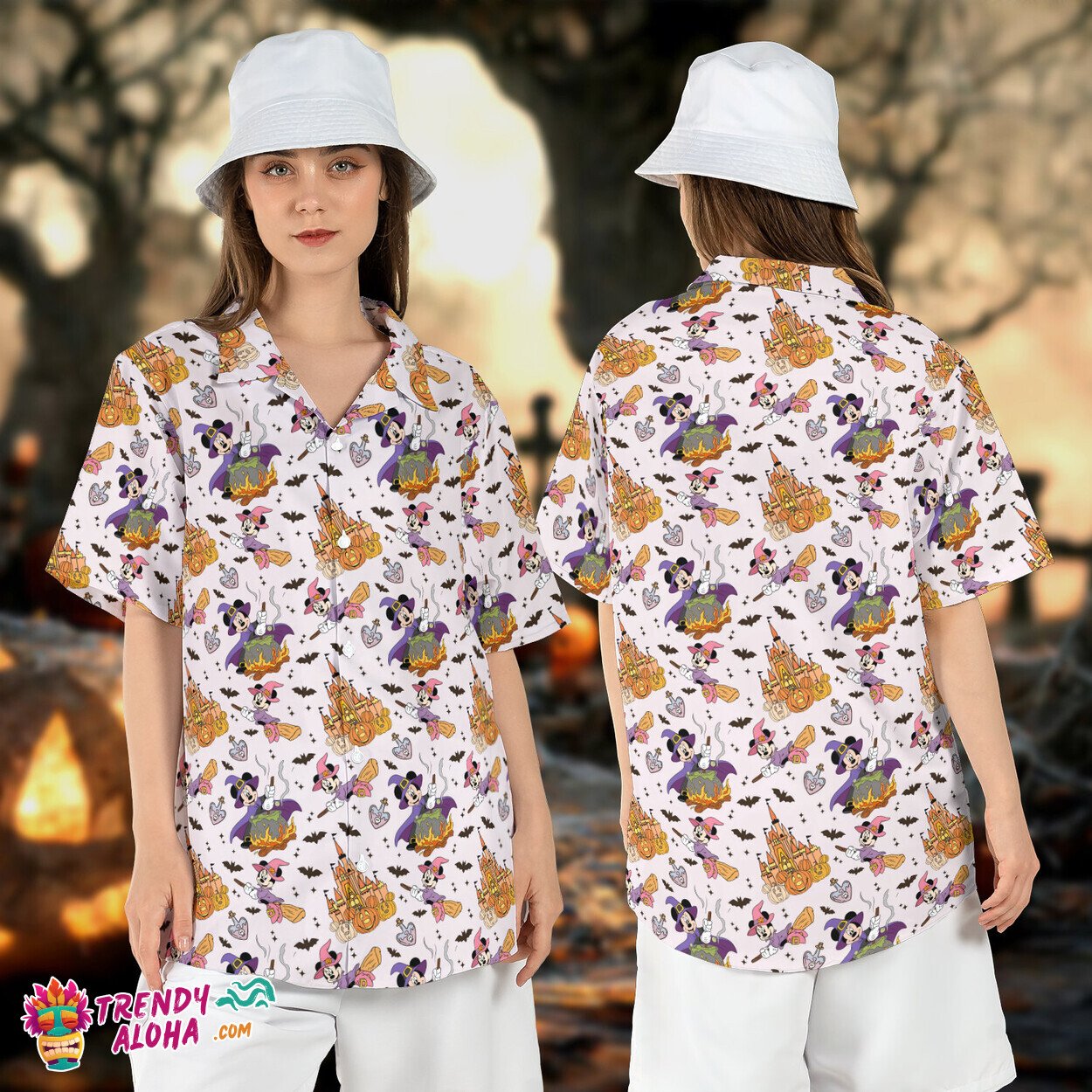 Minnie Mouse Witch Flying Broom Halloween Spooky Season Aloha Top