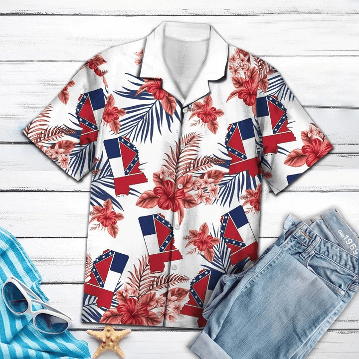 Mississippi Map With Hibiscus In White Trendy Hawaiian Shirt