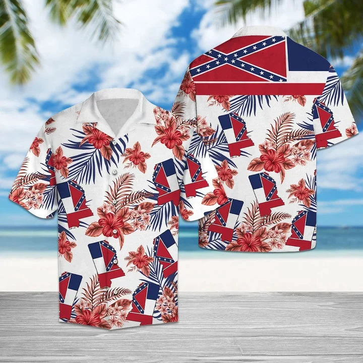 Mississippi Map With Hibiscus In White Trendy Hawaiian Shirt